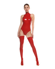 Enganliegender Jumpsuit aus rotem Latex mit Stehkragen 