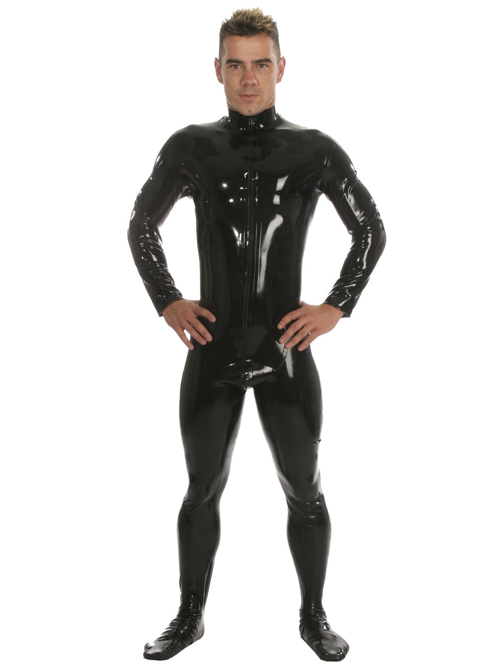 Mens Latex Catsuit Feature Front Zip & Feet