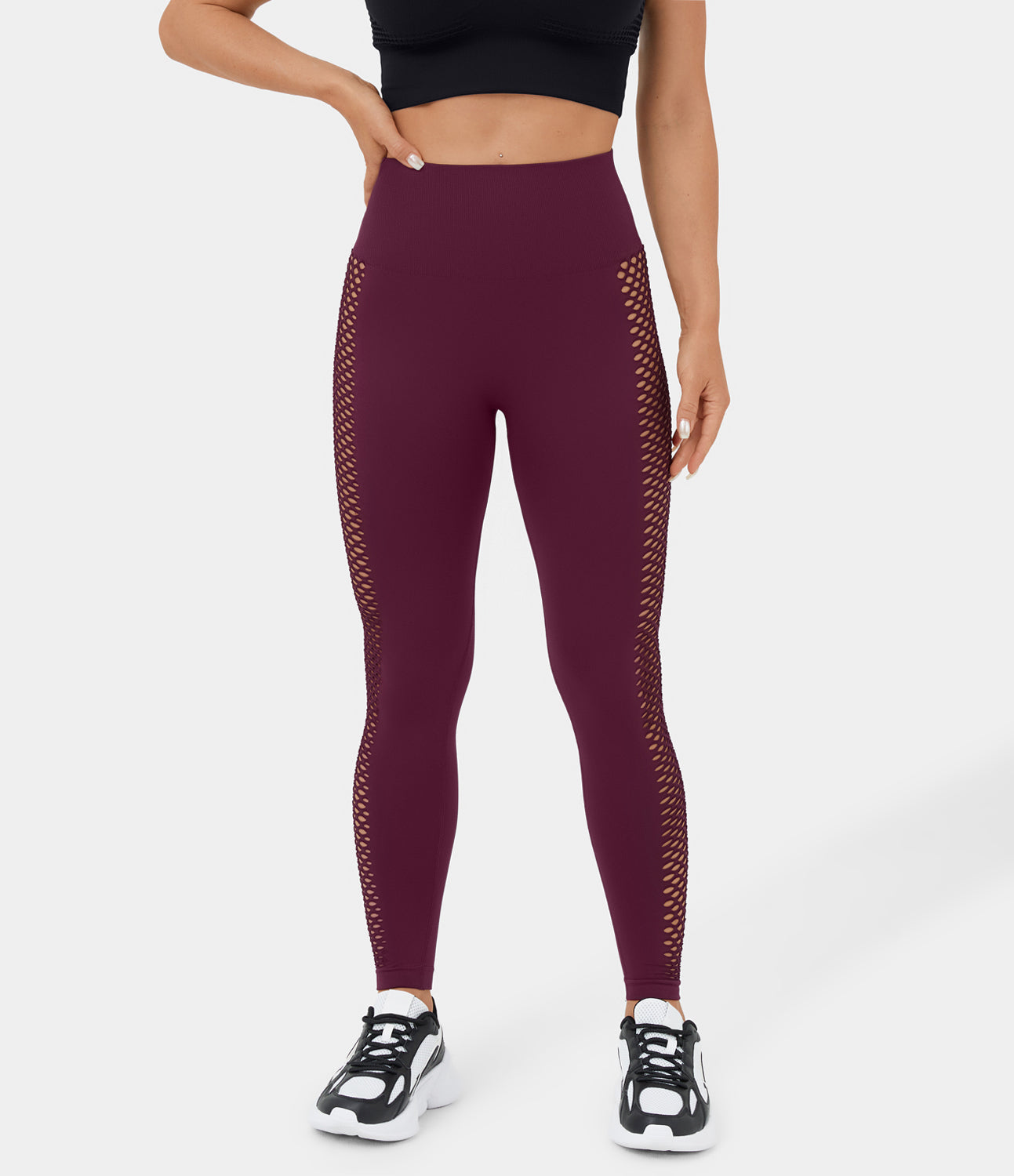 Nahtlose, fließende, hoch taillierte, ausgeschnittene, gerüschte Yoga-7/8-Leggings 