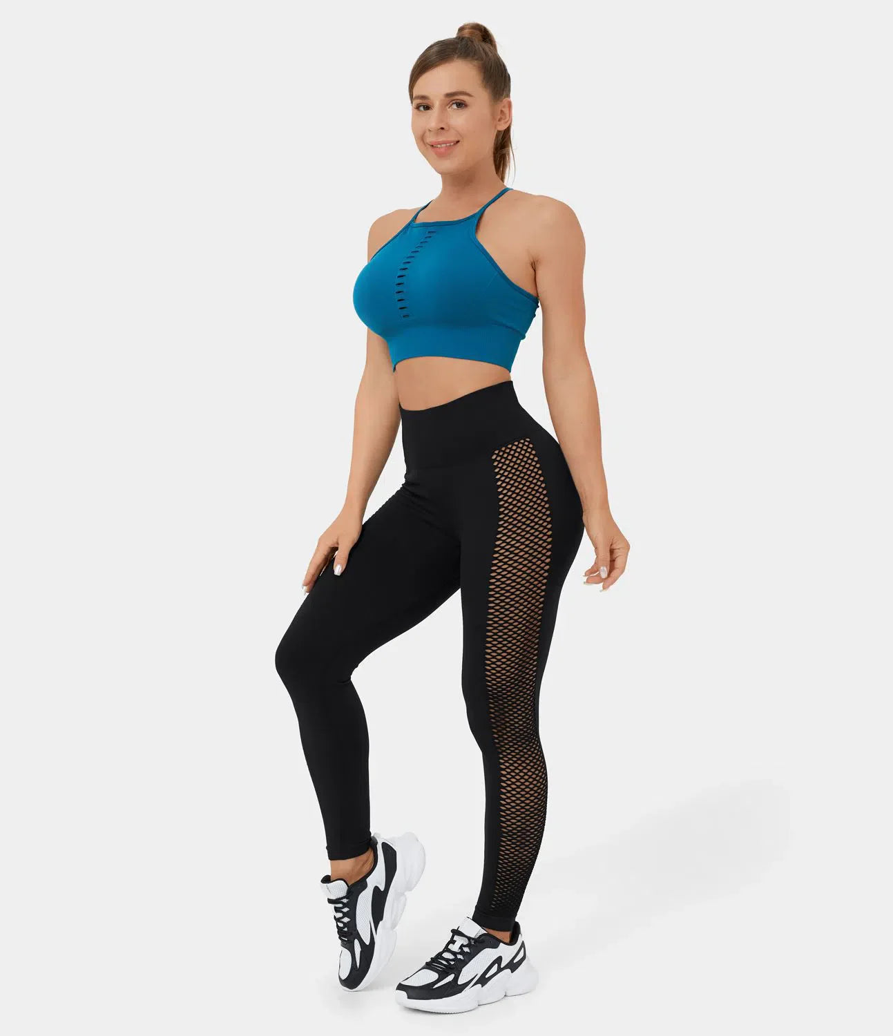 Nahtlose, fließende, hoch taillierte, ausgeschnittene, gerüschte Yoga-7/8-Leggings 