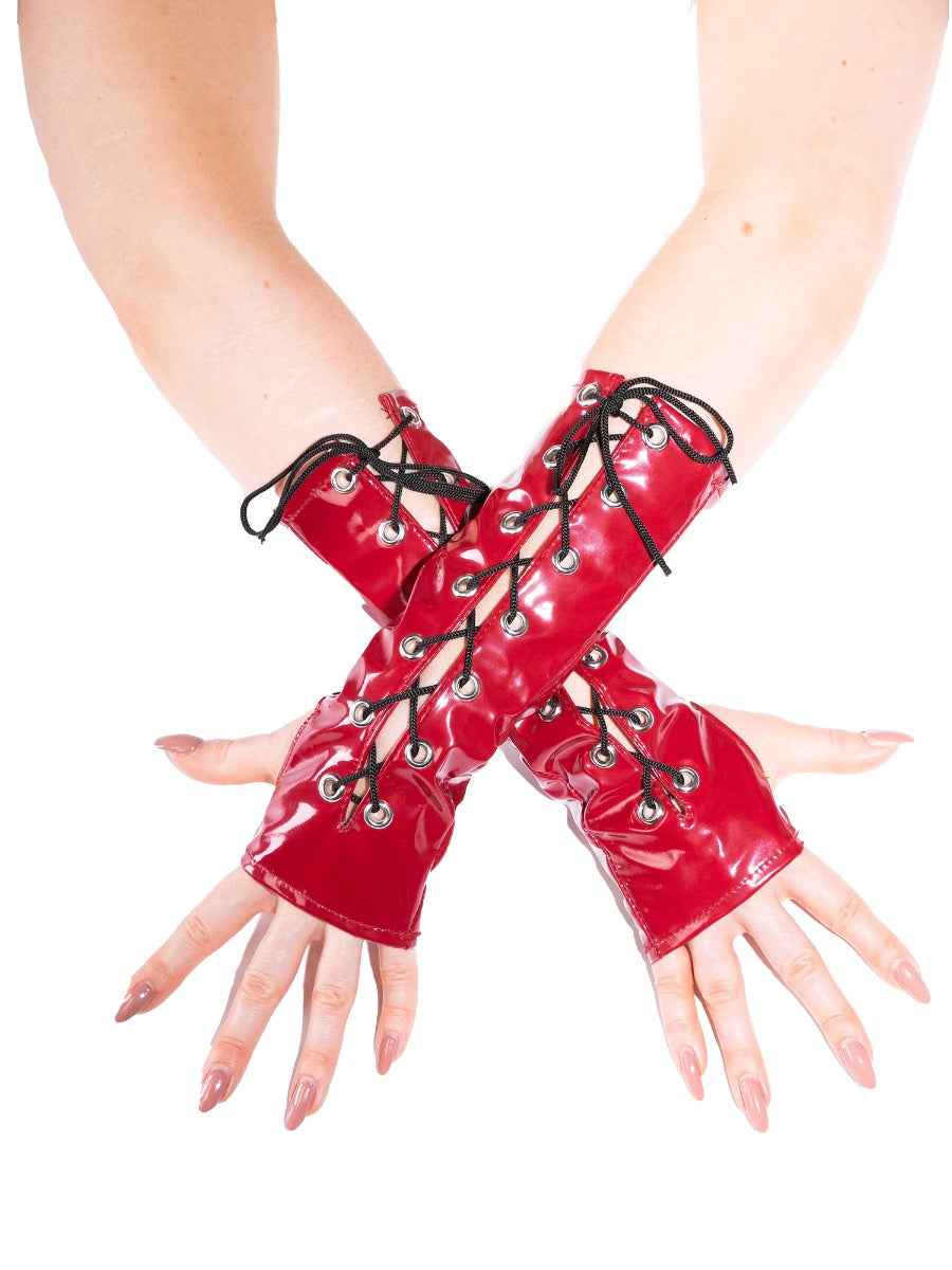 Burgunderrote PVC-Handschuhe mit Stulpen 