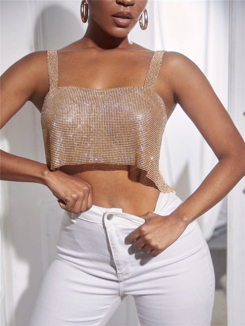 Sexy Rhinestone Detail Crop Cami Top