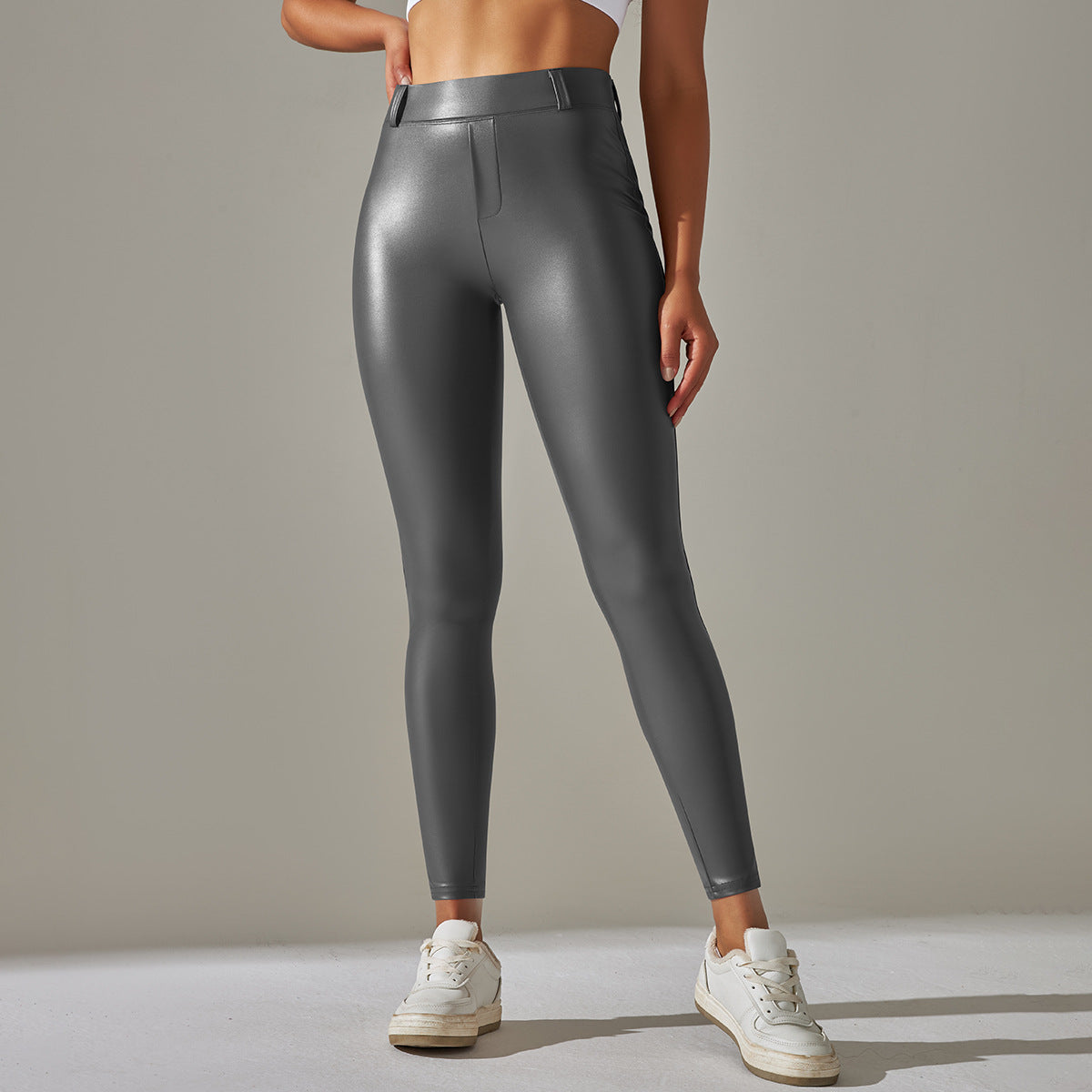 Neue glänzende Leggings aus hochelastischem PU-Leder mit Taschen 