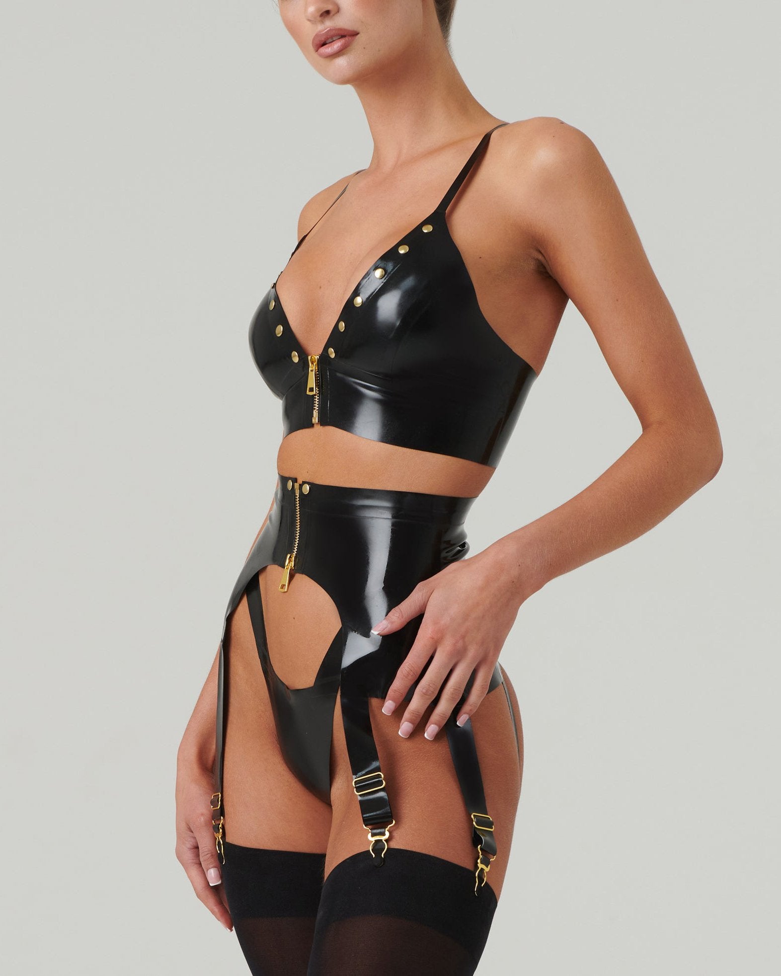 Latex Gold Studs and Zipper Underwear Suit