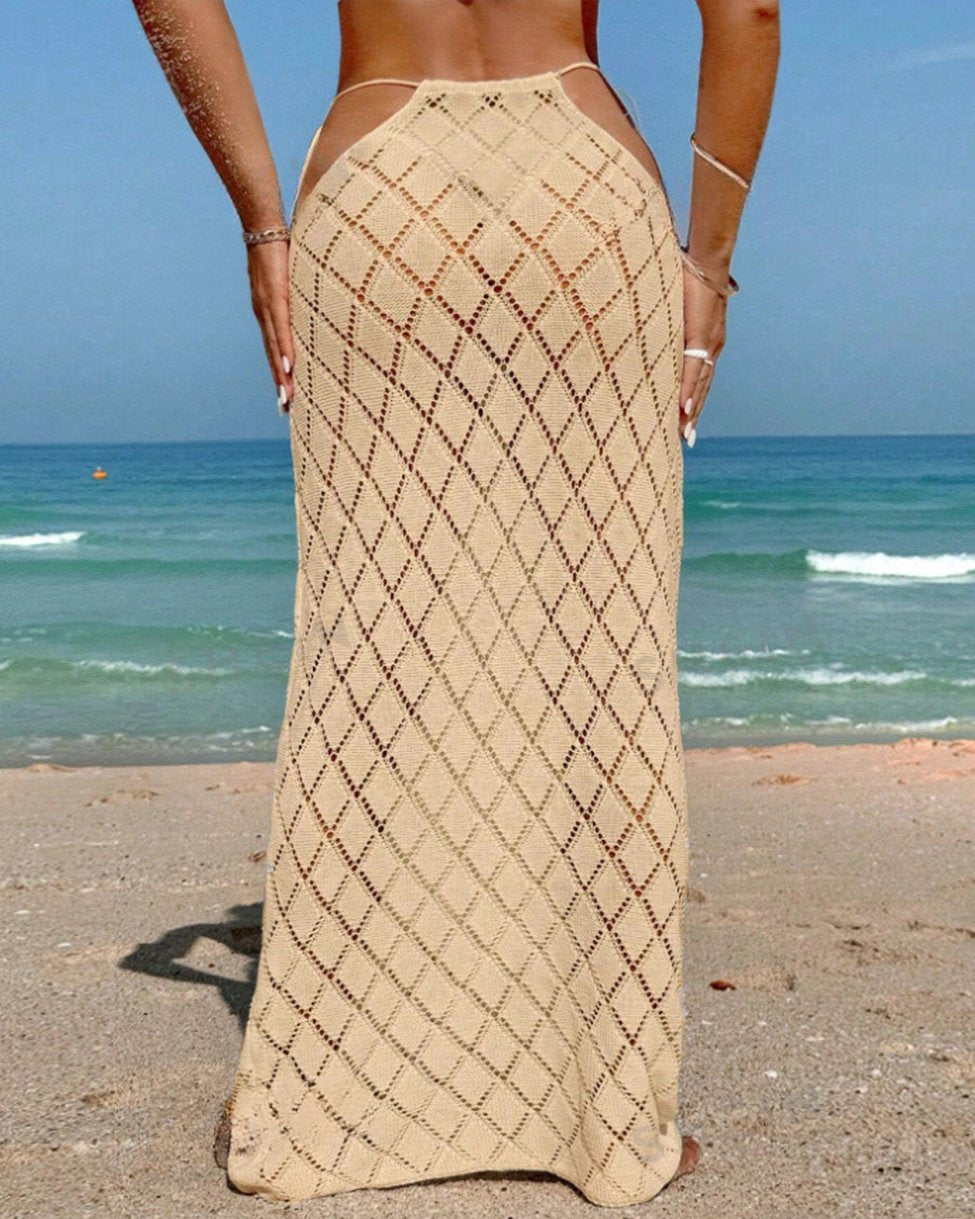 Beach Solid Color Textured Waist Tie Slim Fit Cover-Up Skirt