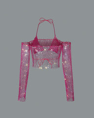 Flash Diamond Fishnet Shoulder Long Sleeve Top