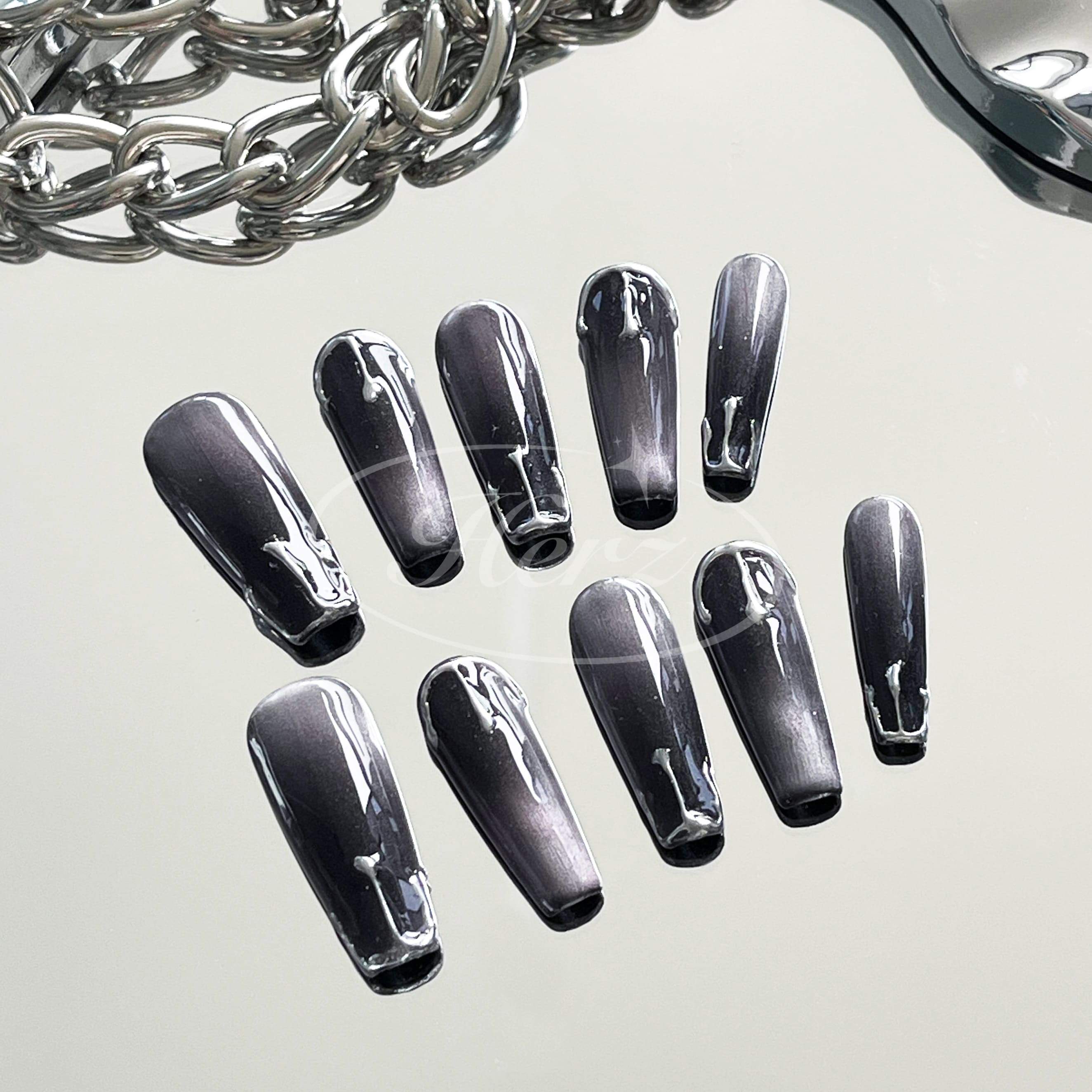 Purple Cat Eye Gel Silver Metal Style Press on Nails