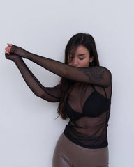 Turtleneck See-through Mesh Long-sleeved T-shirt