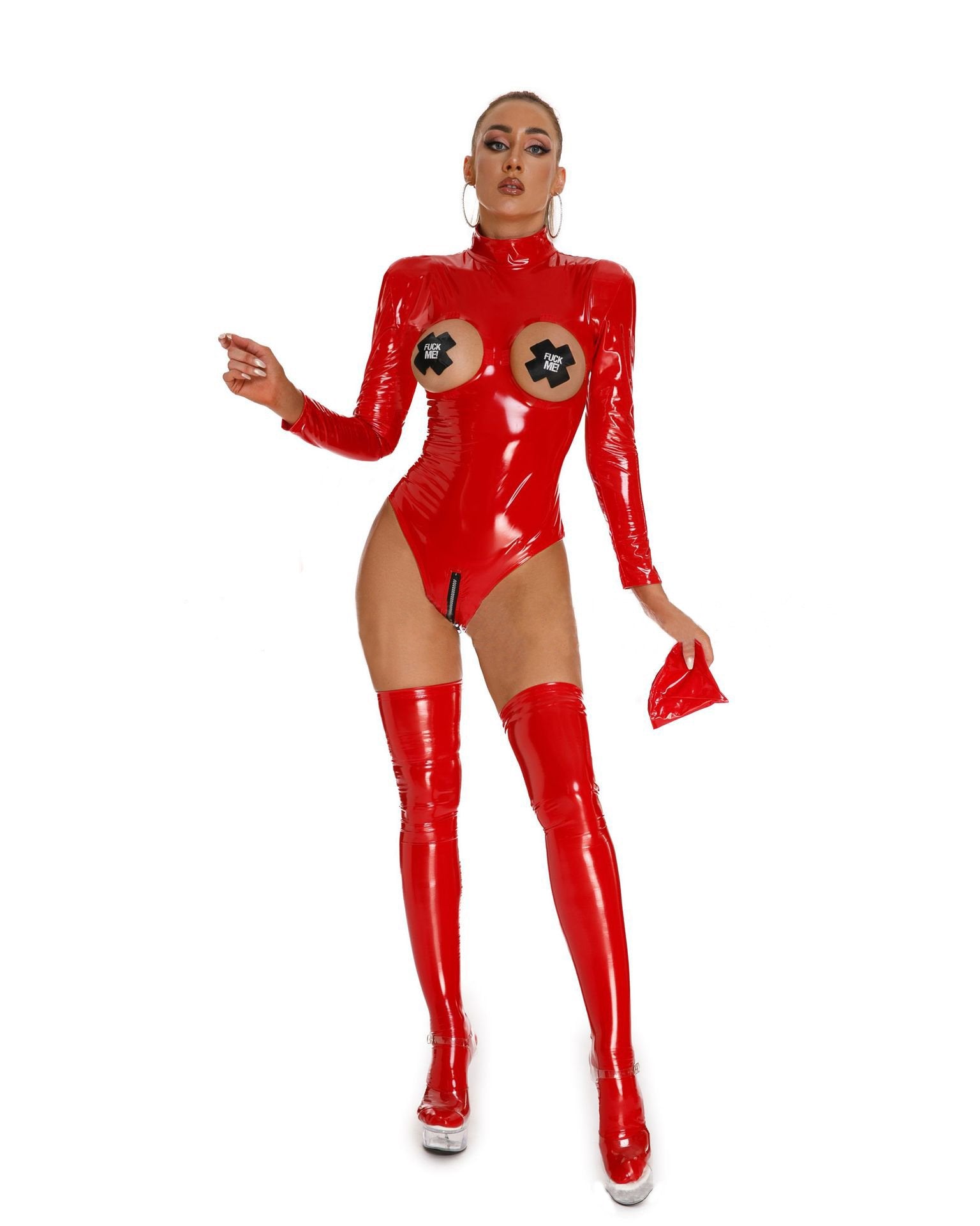 Bright Leather Expose Breast Zipper Crotch Jumpsuit