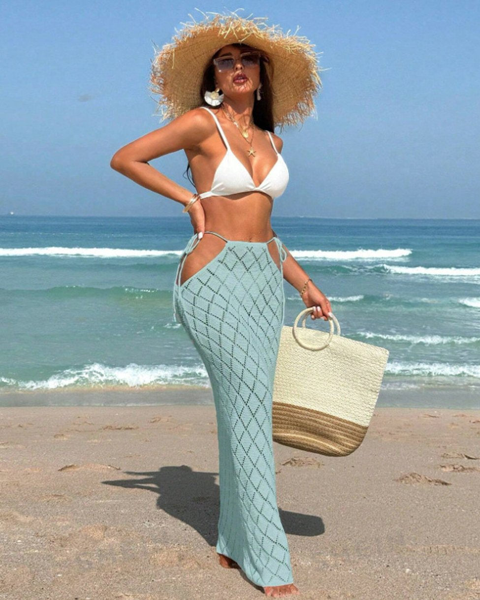 Beach Solid Color Textured Waist Tie Slim Fit Cover-Up Skirt