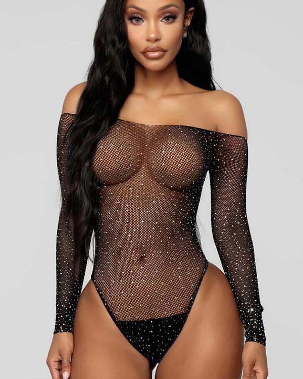 Sexy Off-Shoulder Long Sleeve Mesh Bodysuit