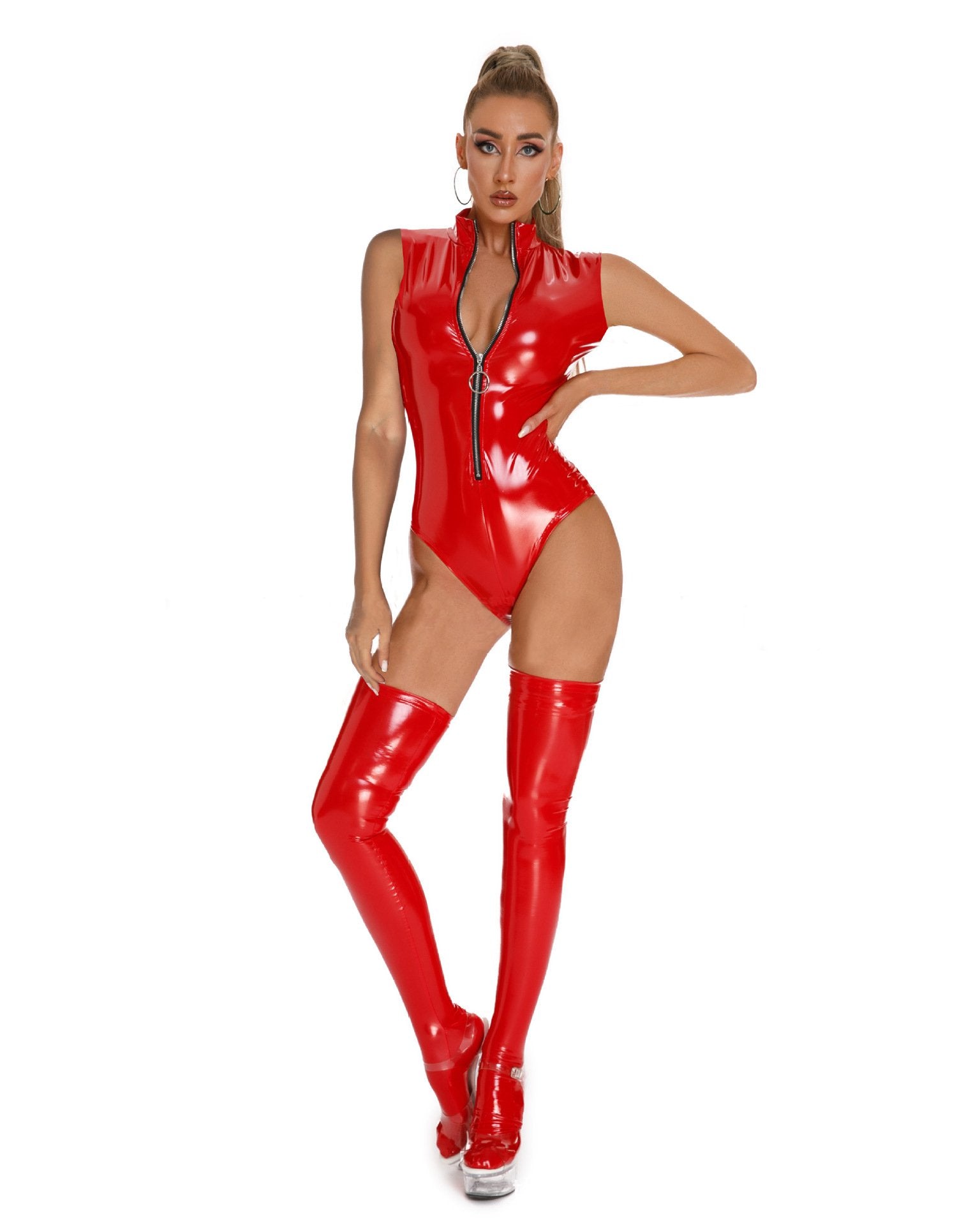 Bright Patent Leather Nightclub Sleeveless Jumpsuit