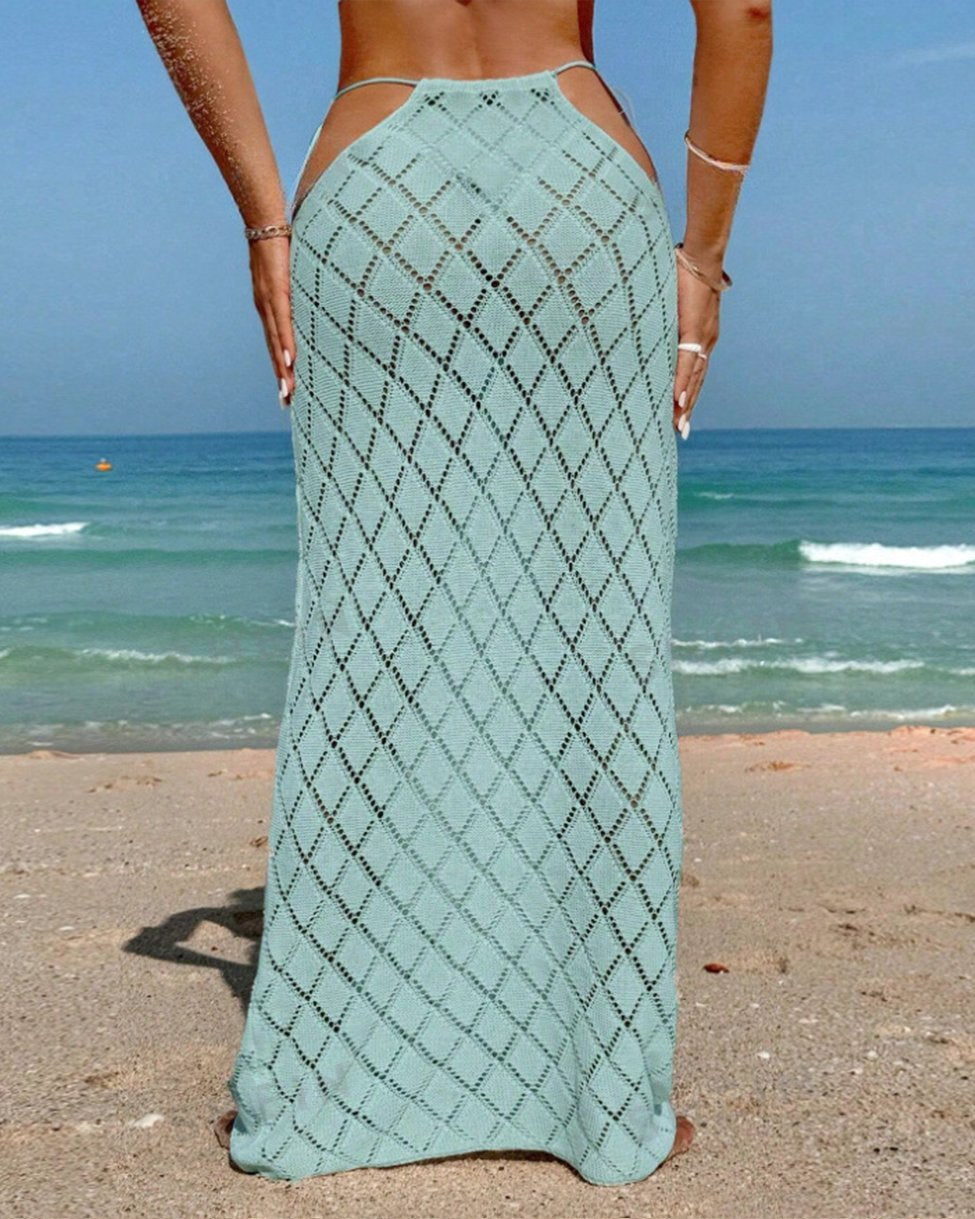 Beach Solid Color Textured Waist Tie Slim Fit Cover-Up Skirt