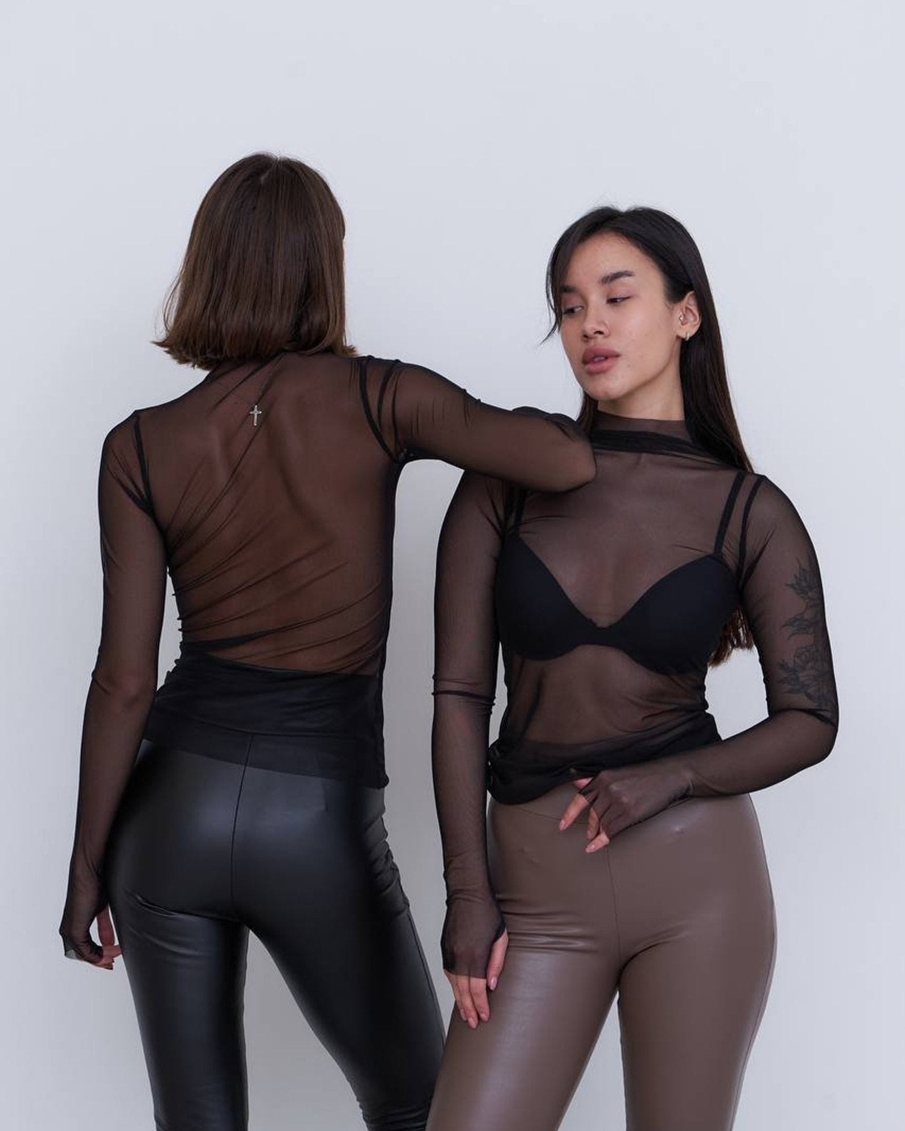 Turtleneck See-through Mesh Long-sleeved T-shirt