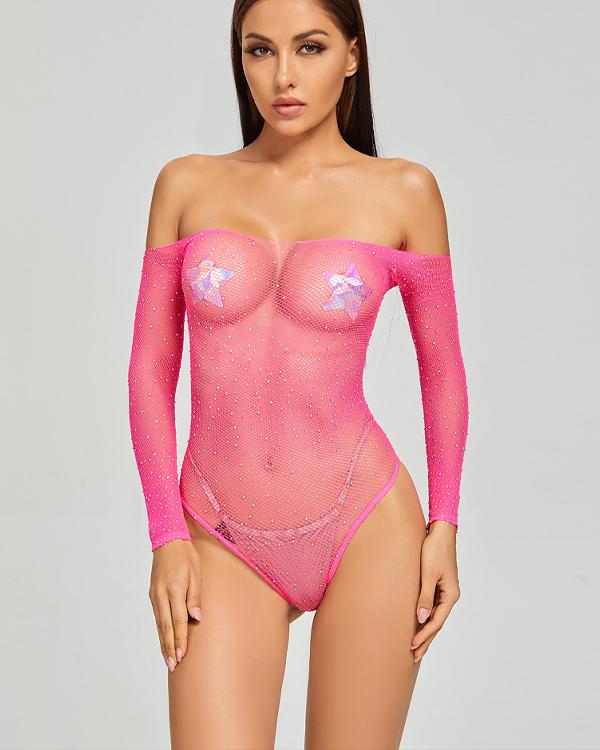 Sexy Off-Shoulder Long Sleeve Mesh Bodysuit